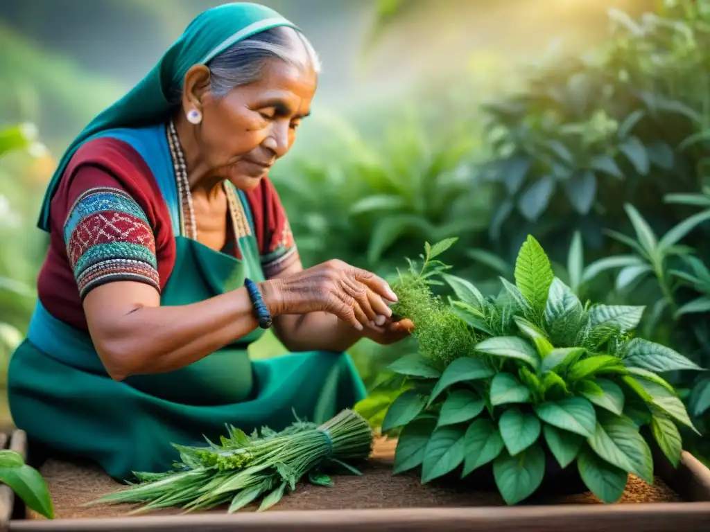 Una anciana indígena selecciona hierbas en un jardín de medicina tradicional, resaltando su rica herencia cultural