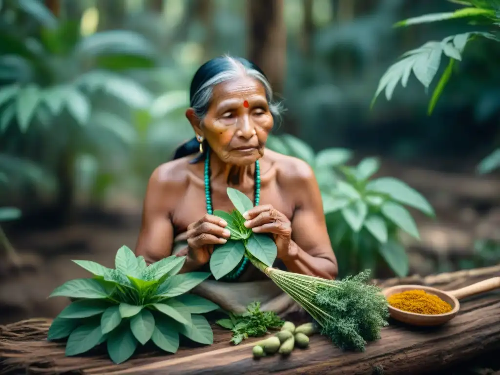 Un anciana indígena selecciona hierbas medicinales en un bosque biodiverso, demostrando la conexión entre naturaleza y Tratamientos combinados medicina moderna