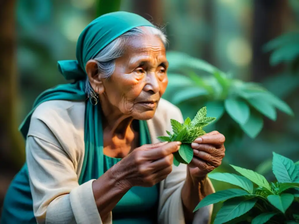 Anciana indígena seleccionando hierbas medicinales en el bosque, reflejando sabiduría y conexión con la tierra