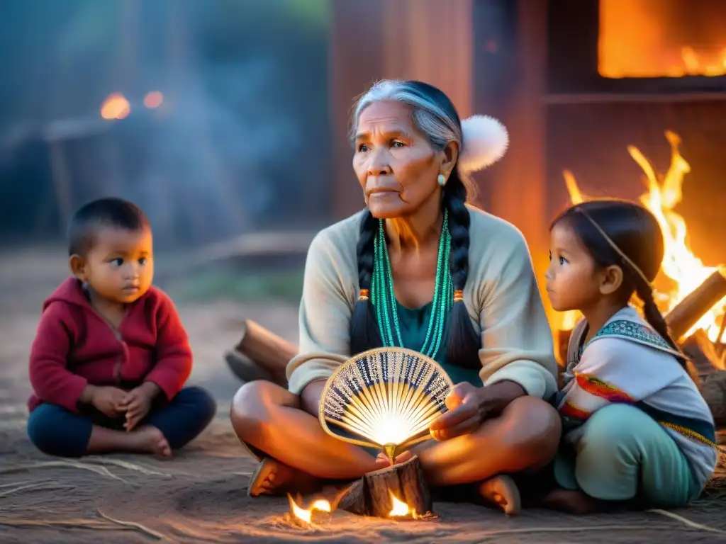 Una anciana indígena narra una historia ancestral junto a niños atentos alrededor del fuego