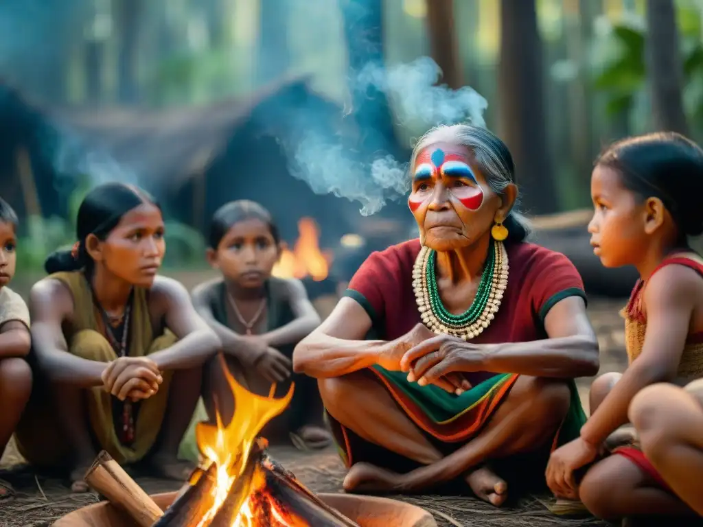 Una anciana indígena cuenta una historia junto al fuego a niños atentos en la selva