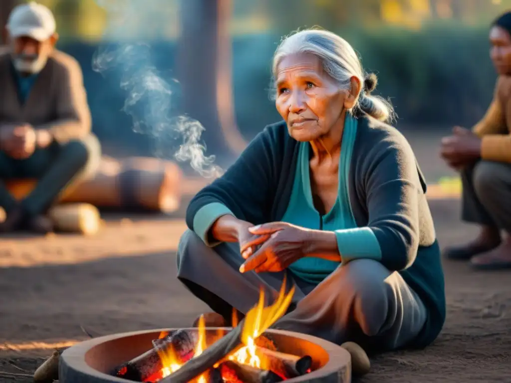 Una anciana indígena relata una historia junto al fuego, rodeada de oyentes atentos