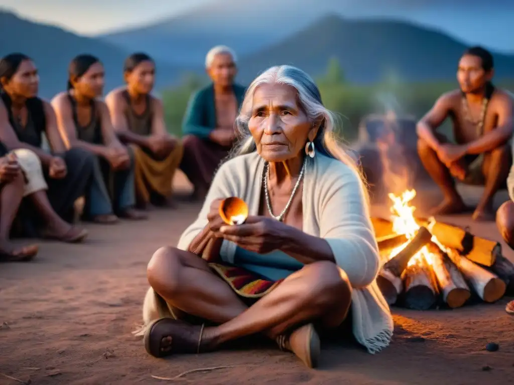 Anciana indígena narra historia junto al fuego a su comunidad, resaltando la importancia de la literatura oral en comunidades indígenas para el futuro