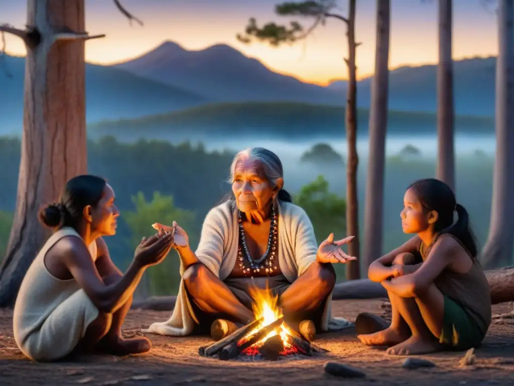 Anciana indígena cuenta historia junto al fuego en la noche, cautivando a niños con tradición oral culturas indígenas