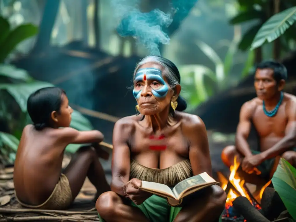 Anciana indígena comparte historia oral con niños de su tribu en la selva amazónica