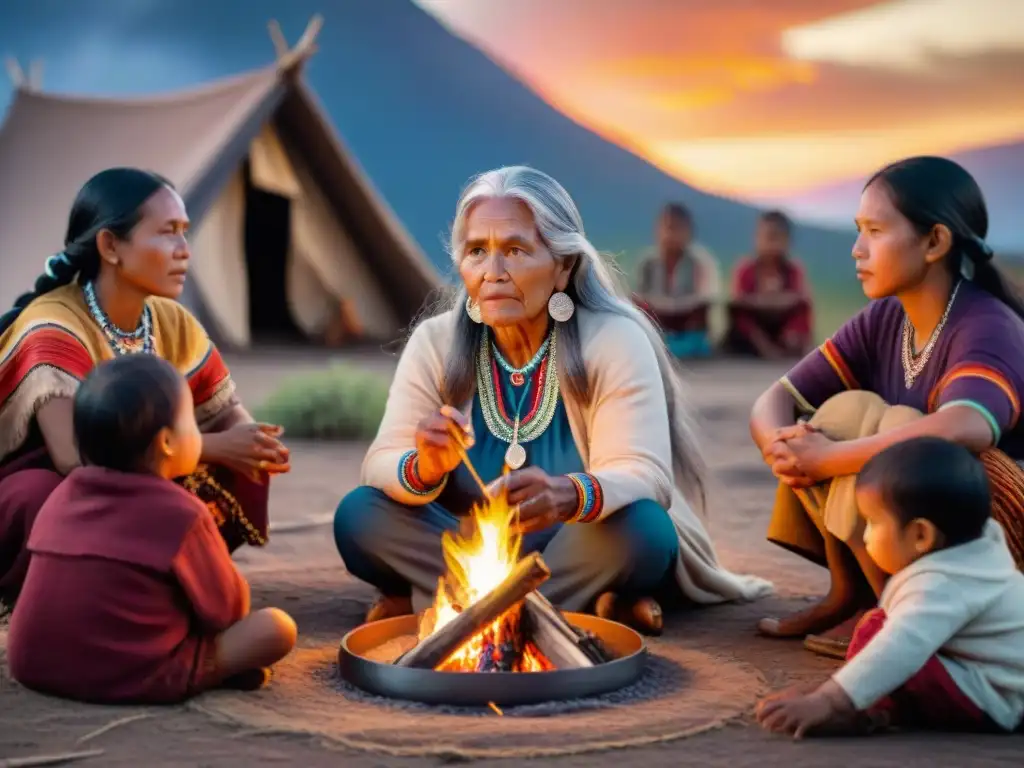 Abuela indígena comparte historias ancestrales junto al fuego Anciana indígena comparte historias ancestrales frente al fuego, cautivando a niños