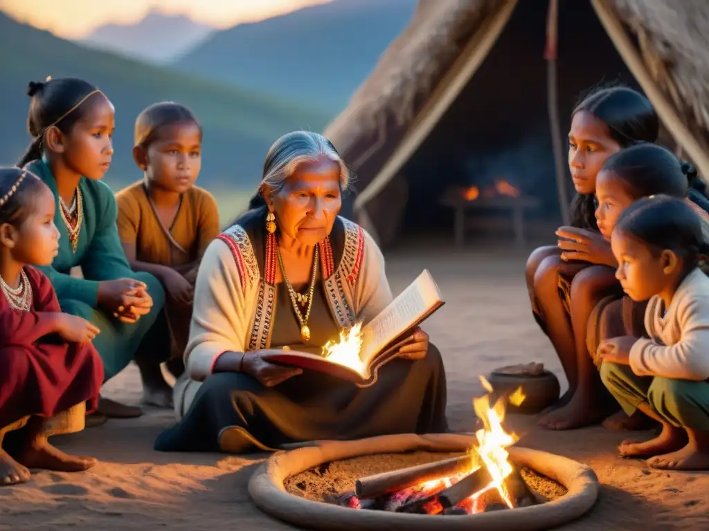 Abuela indígena comparte sabiduría ancestral junto al fuego Anciana indígena relata historias ancestrales junto al fuego, en una cabaña iluminada por la luz de las llamas