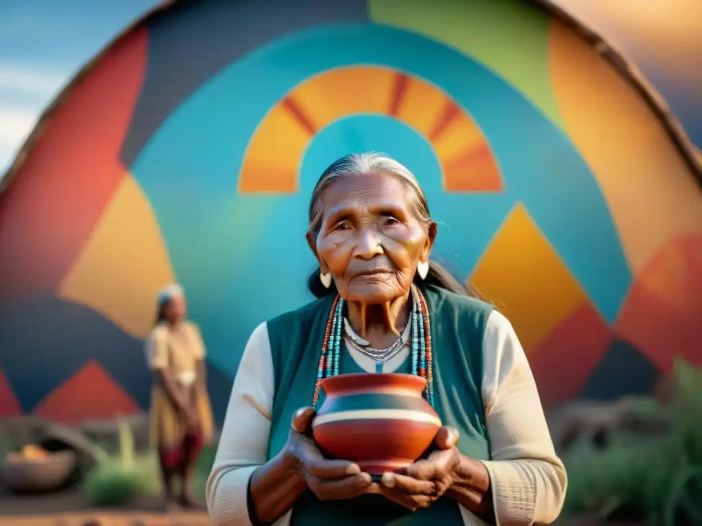 Una anciana indígena transmite historias ancestrales a niños vestidos de forma tradicional, impacto repatriación comunidades indígenas