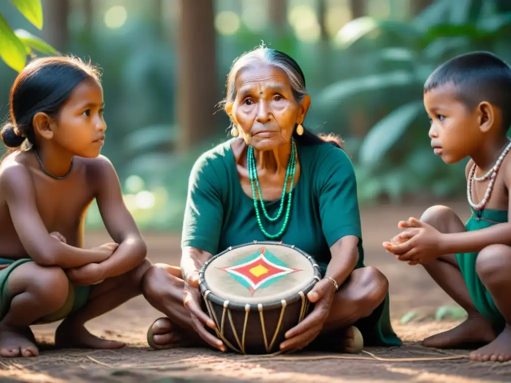 Una anciana indígena comparte historias ancestrales con niños atentos en el bosque