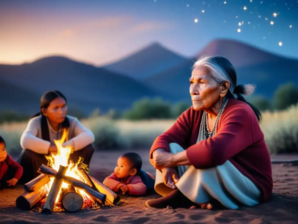 Anciana indígena relata historias alrededor del fuego a niños