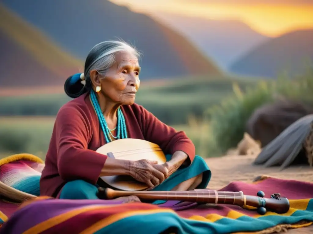 Una anciana indígena comparte historias en su idioma nativo con niños mientras sostiene un instrumento tradicional