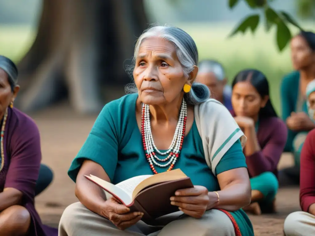 Una anciana indígena comparte historias en su idioma nativo con un grupo diverso bajo un árbol frondoso, reviviendo idiomas indígenas con éxito