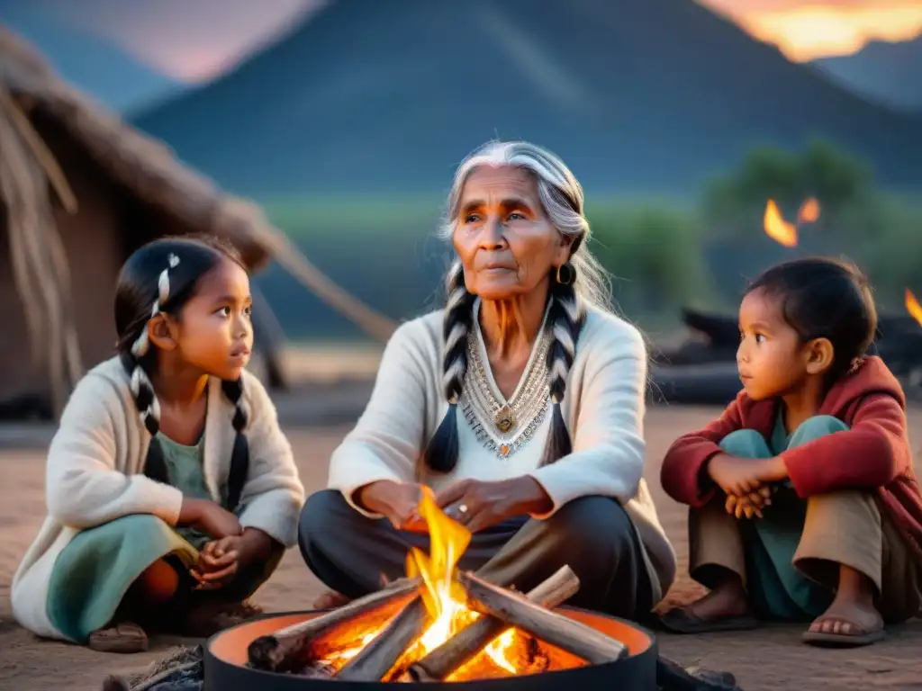 Anciana indígena cuenta historias junto a niños alrededor del fuego, Preservación tradición oral historias indígenas