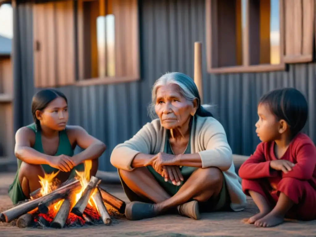 Una anciana indígena transmite sabiduría a niños, entretejiendo historias junto al fuego