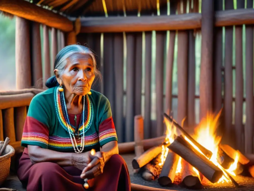 Abuela indígena comparte sabiduría ancestral al calor del fuego Una anciana indígena comparte historias junto a niños en una cabaña iluminada por el fuego, en una conmovedora escena de transmisión de conocimientos intergeneracionales y rica cultura comunitaria