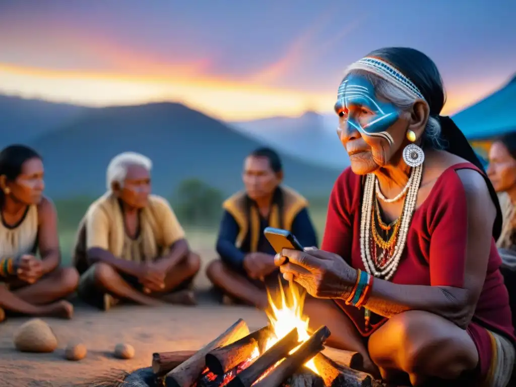 Anciana indígena relata historias junto al fuego bajo cielo estrellado, con teléfono y mapa de territorios indígenas