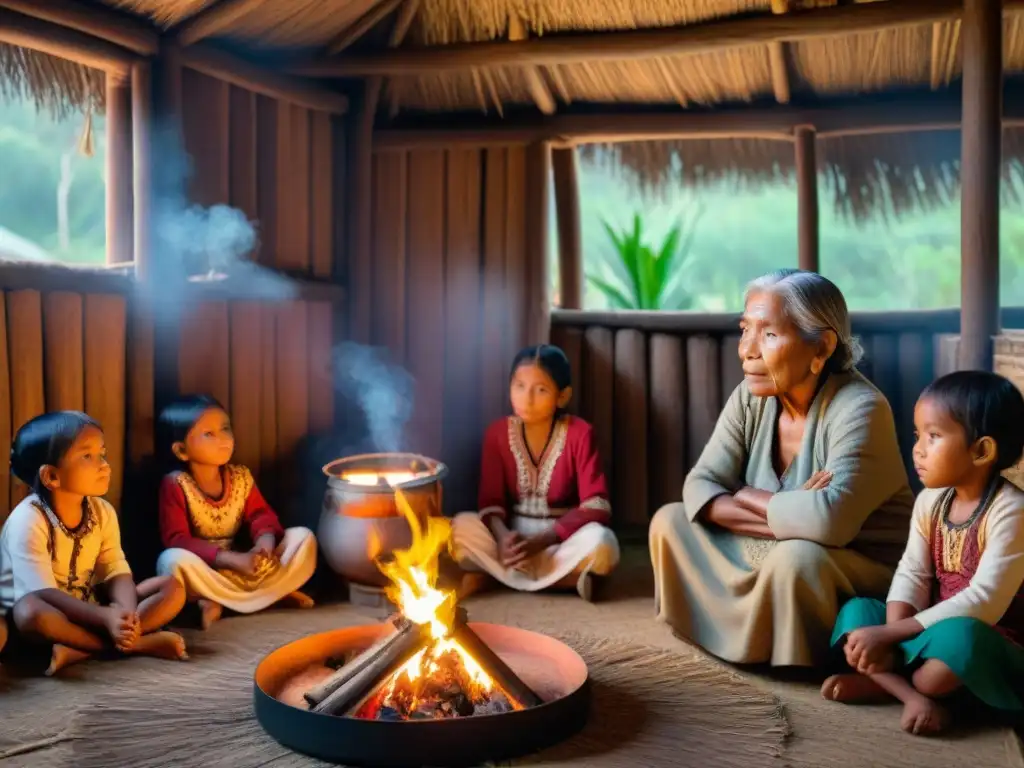 Una anciana indígena comparte historias junto a niños en una cabaña iluminada por el fuego, preservación de lenguas indígenas orales