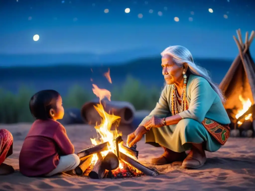 Una anciana indígena comparte historias junto a niños alrededor del fuego en la noche estrellada