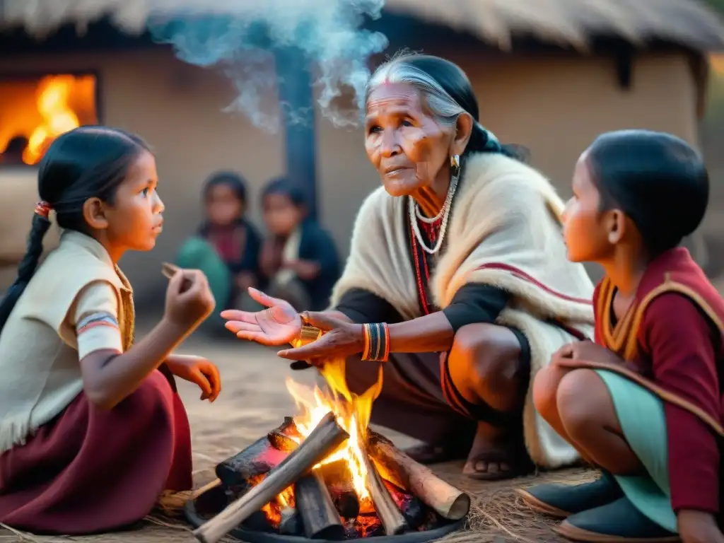 Anciana indígena cuenta historias junto al fuego, cautivando a niños con sabiduría y tradición