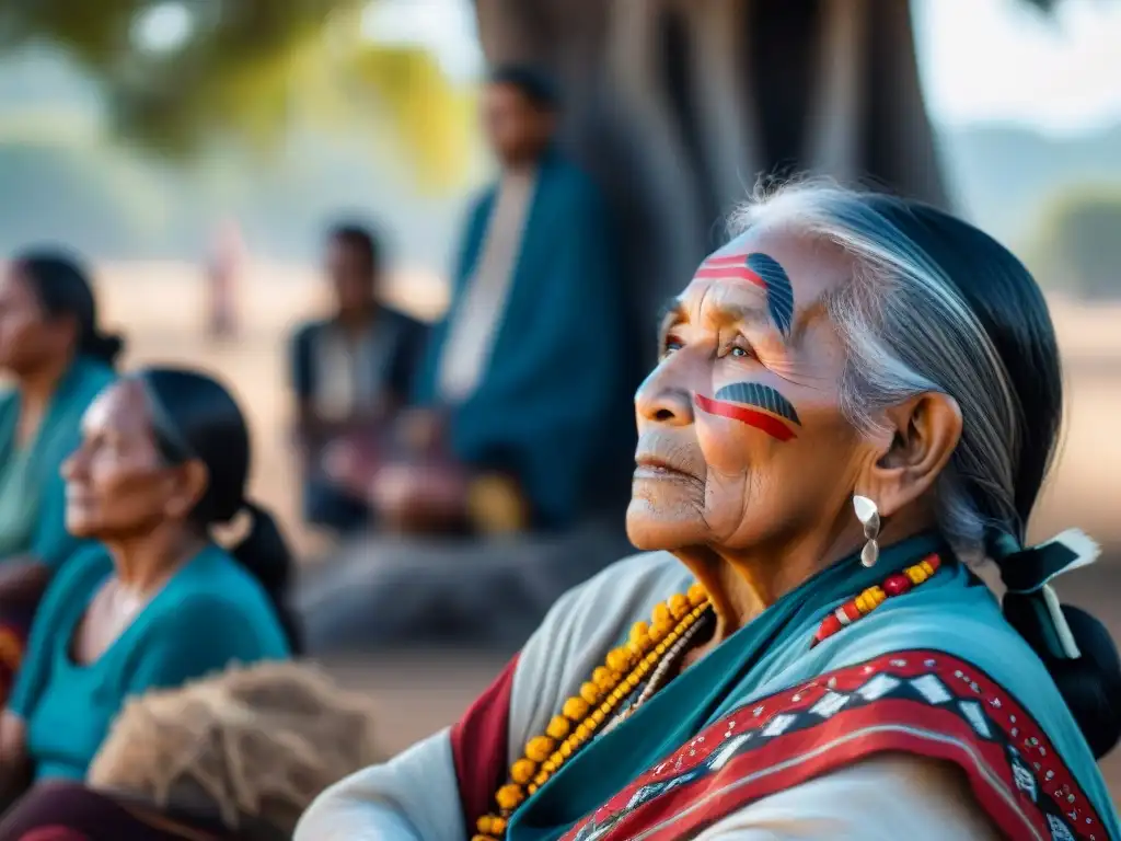 Anciana indígena comparte historias en su lengua materna, rodeada de personas diversas