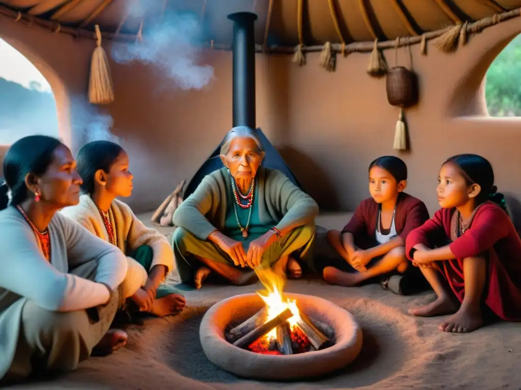 Anciana indígena relata historias en lenguaje ancestral, rodeada de jóvenes