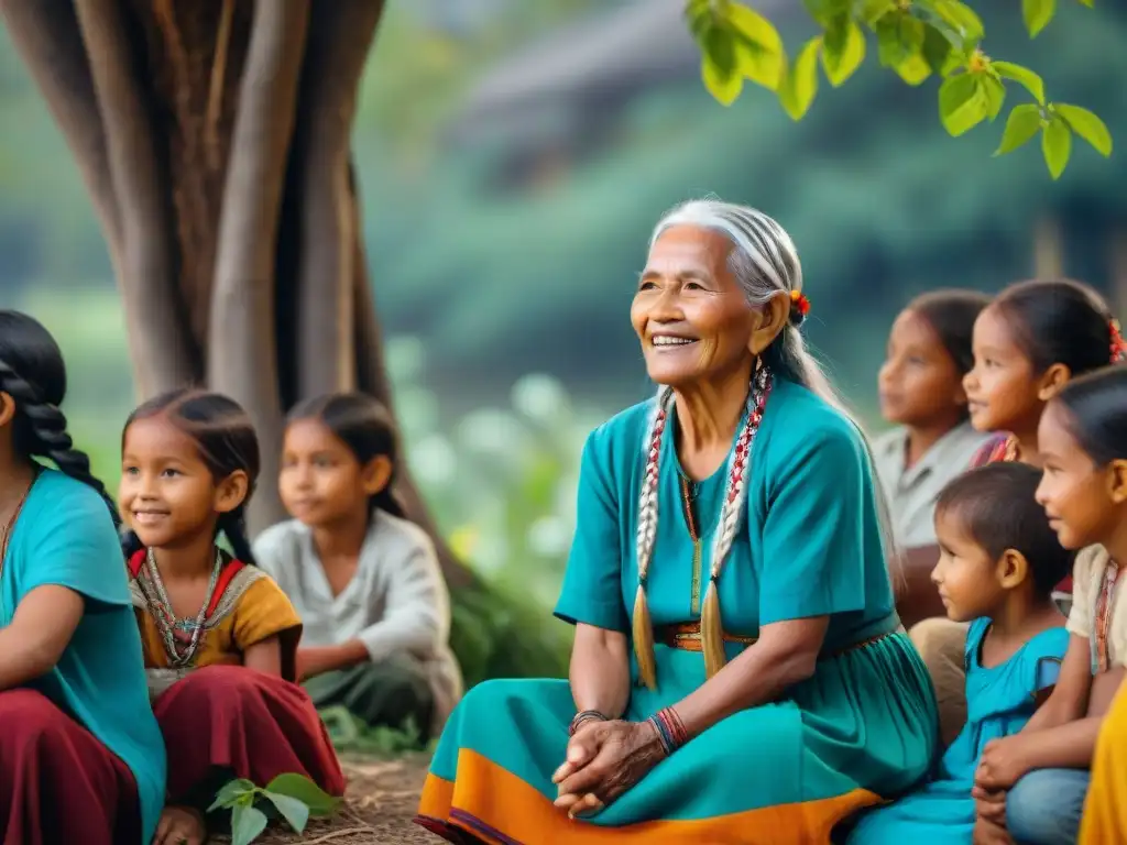 Anciana indígena cuenta historias a niños bajo un árbol, preservación lenguas indígenas educación