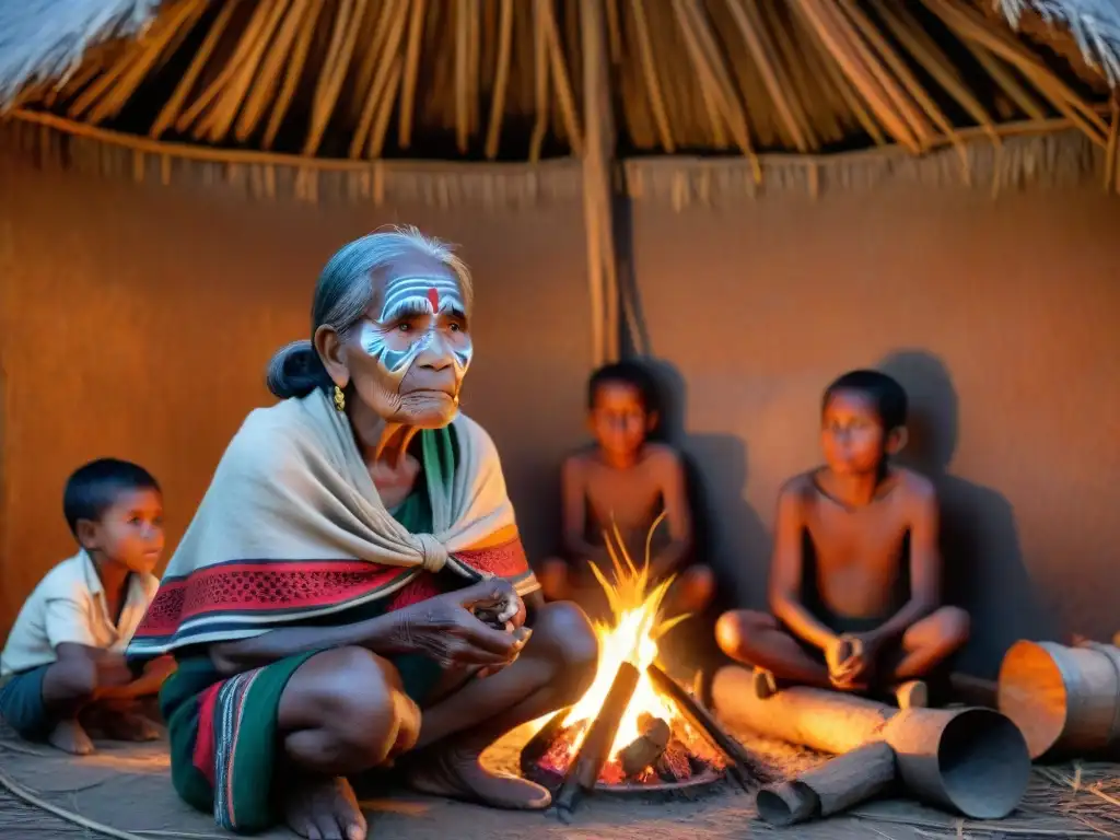 Una anciana indígena comparte historias con niños en una choza iluminada por el fuego