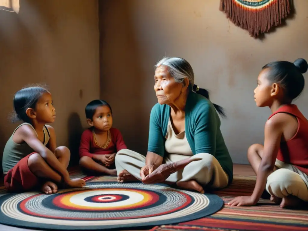 Guardiana de sabiduría comparte historias ancestrales Anciana indígena comparte historias con niños en un ambiente cultural