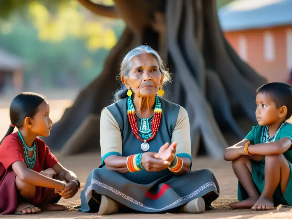 Una anciana indígena comparte historias con niños bajo un árbol, reflejando la continuidad cultural y los desafíos futuro bilingüe hablantes indígenas