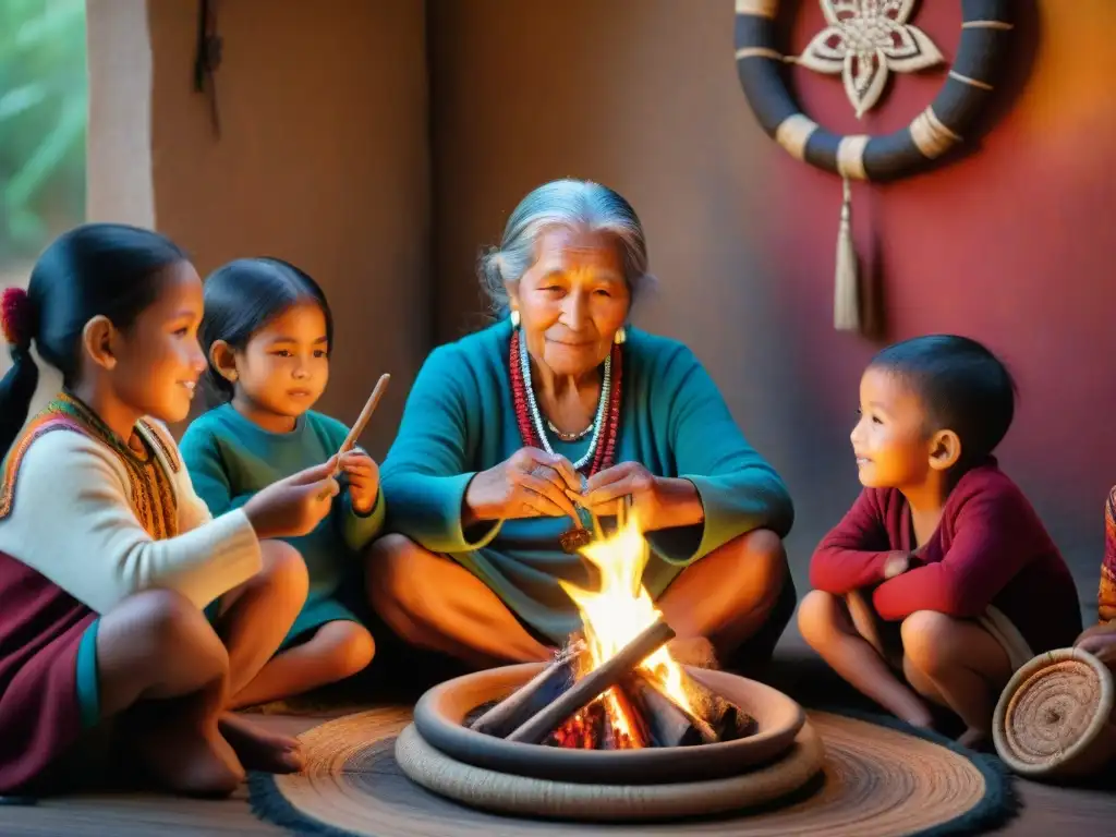 Anciana indígena comparte historias con niños junto al fuego, resaltando la preservación de lenguas indígenas orales