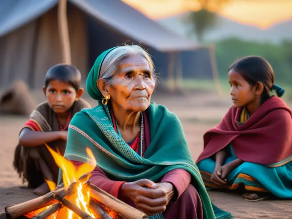 Anciana indígena cuenta historias a niños junto al fuego en una aldea tradicional