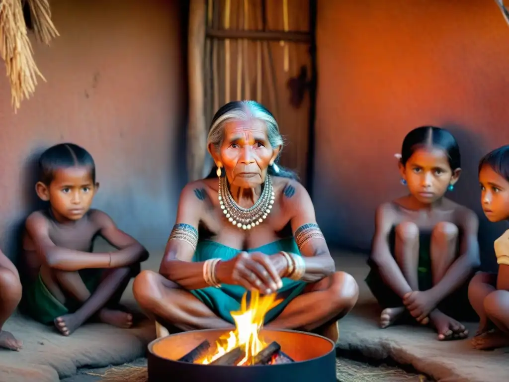 Una anciana indígena comparte historias con niños en una choza tradicional, resaltando la Preservación de culturas indígenas