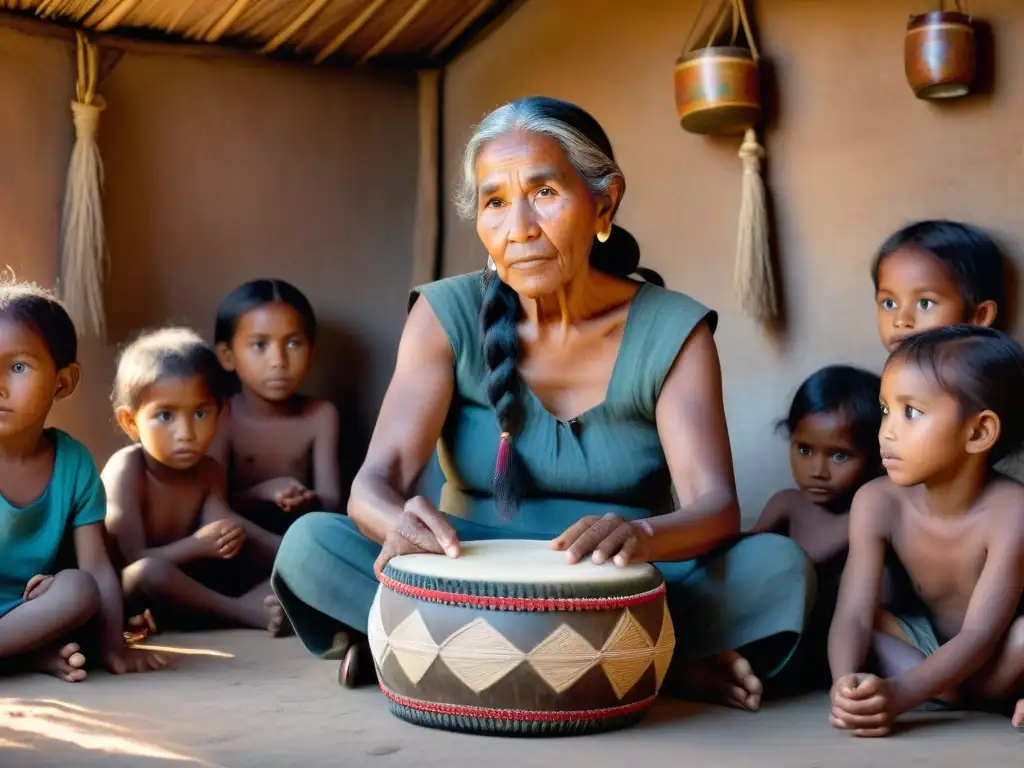 Una anciana indígena relata historias a niños en círculo, sosteniendo un tambor adornado