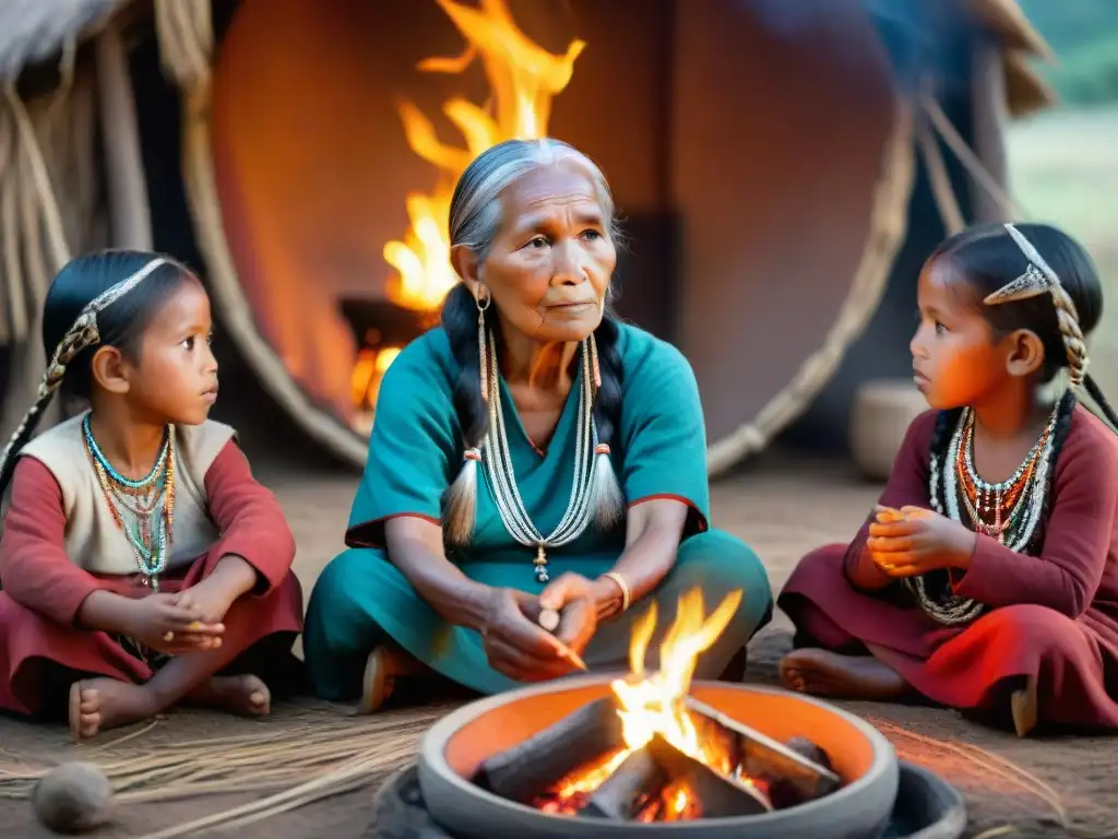 Una anciana indígena comparte historias tradicionales junto a niños en una cálida fogata