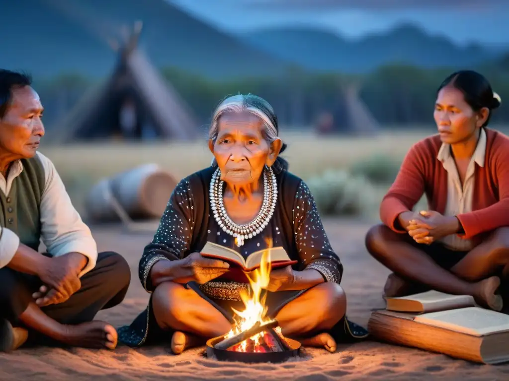 Una anciana indígena comparte historias tradicionales junto al fuego, rodeada de su comunidad