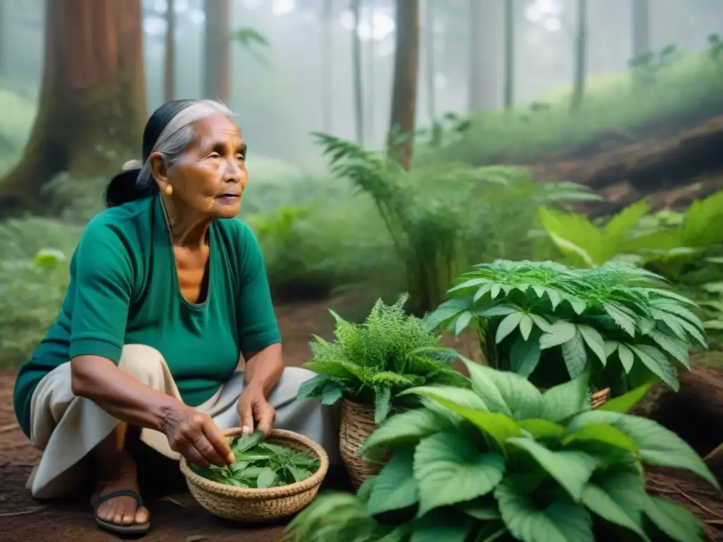 Anciana indígena seleccionando hojas verdes en el bosque mientras jóvenes observan