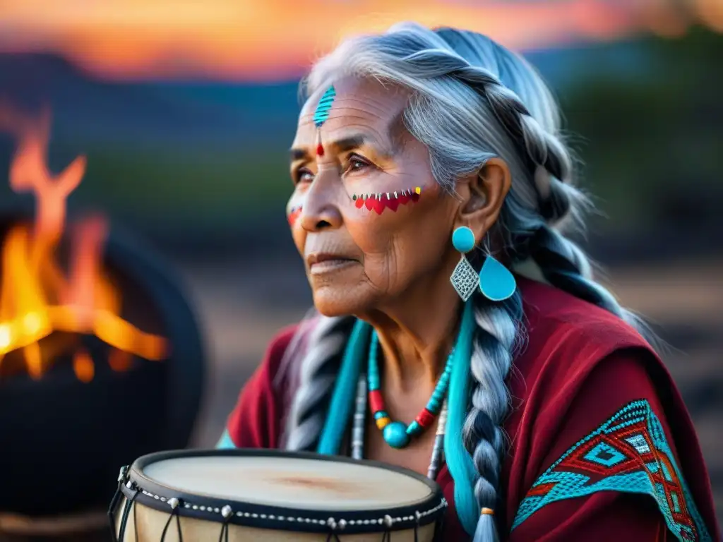 Anciana indígena canta junto al fuego en la noche estrellada, destacando la preservación de lenguas indígenas