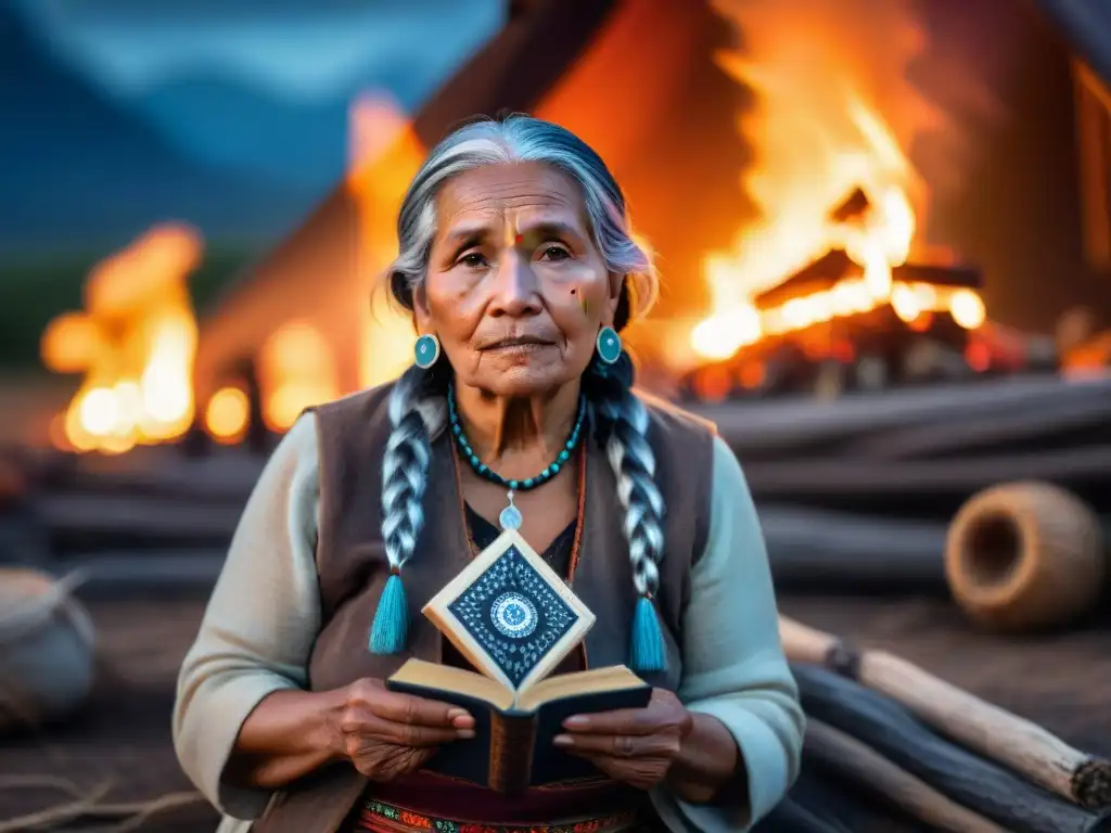 Anciana indígena junto al fuego, conservando la literatura oral