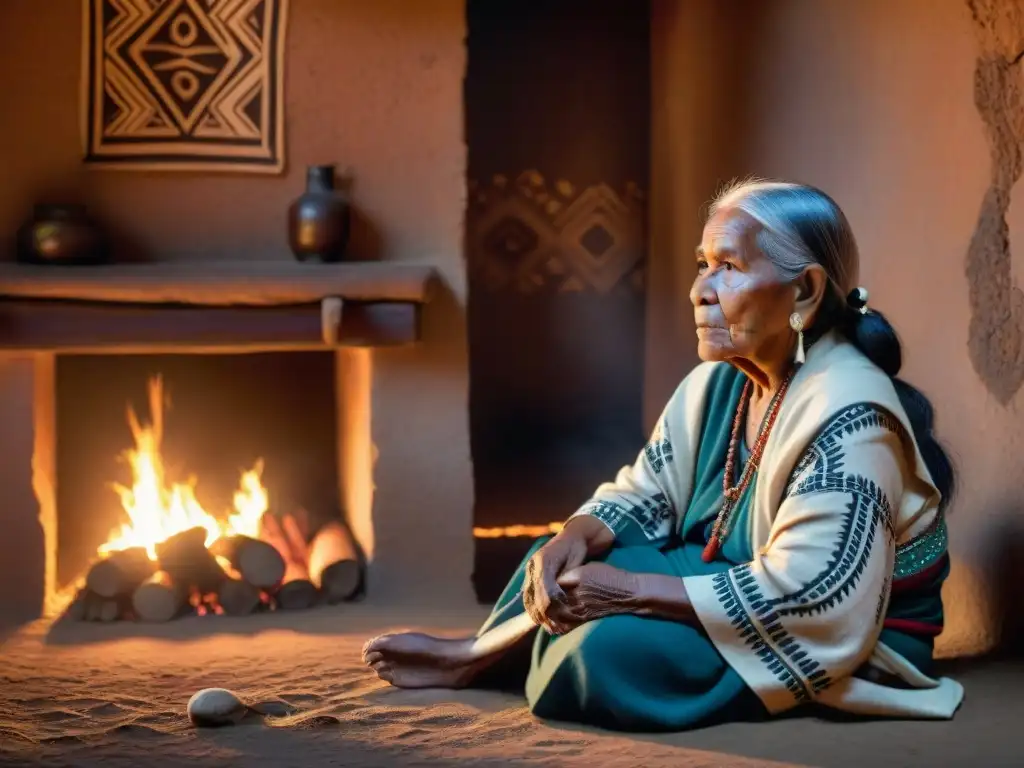 Una anciana indígena junto al fuego en una vivienda tradicional, con una niña indígena a su lado