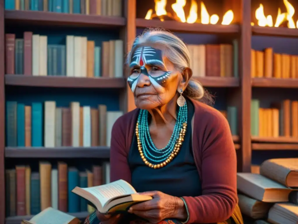 Anciana indígena leyendo junto al fuego bajo un cielo estrellado rodeada de libros antiguos en lenguas indígenas