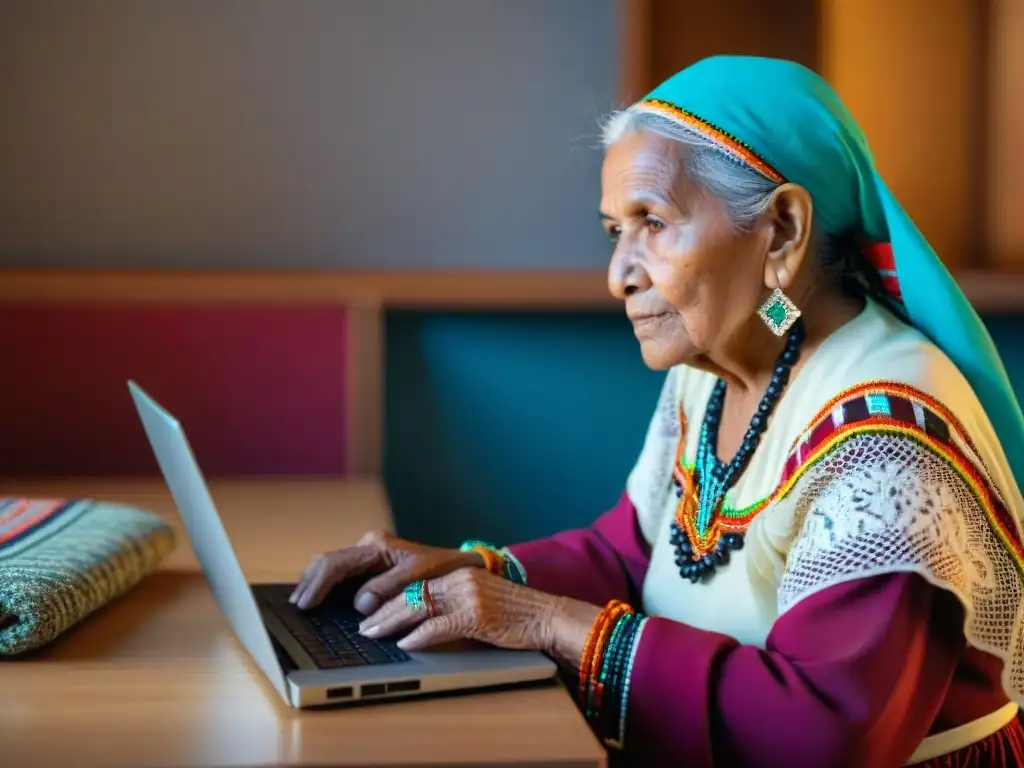 Una anciana indígena codifica en un laptop, rodeada de tradición y tecnología