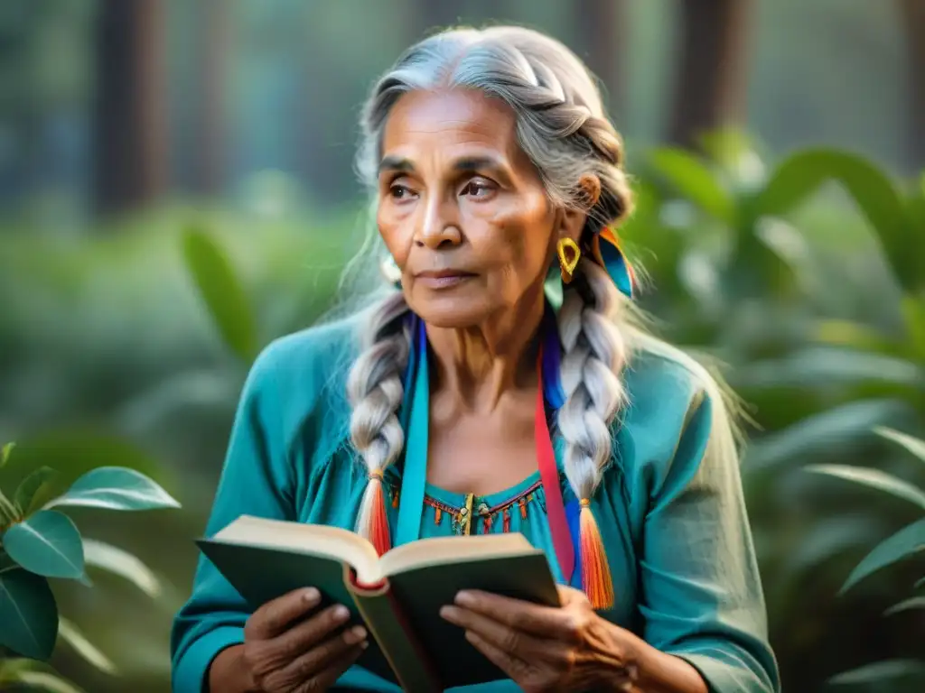 Una anciana indígena con largas trenzas plateadas y cintas de colores, leyendo un libro tradicional con símbolos en su idioma nativo