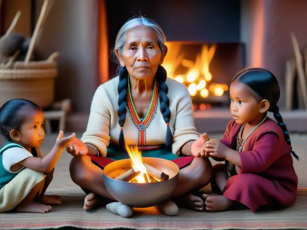 Una anciana indígena con largas trenzas plateadas cuenta una historia tradicional junto a niños asombrados en círculo