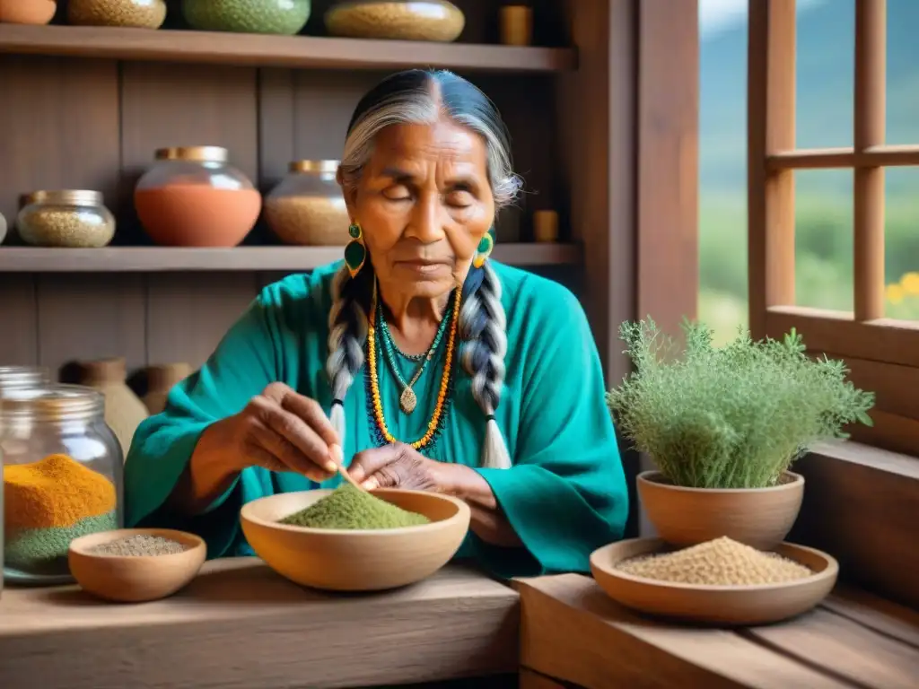 Una anciana indígena con largas trenzas plateadas, viste colorida ropa tradicional y elaborados adornos de cuentas