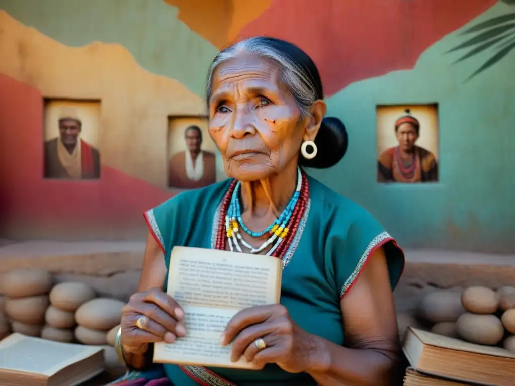 Anciana indígena preservando lenguas y cultura para futuras generaciones, rodeada de libros antiguos