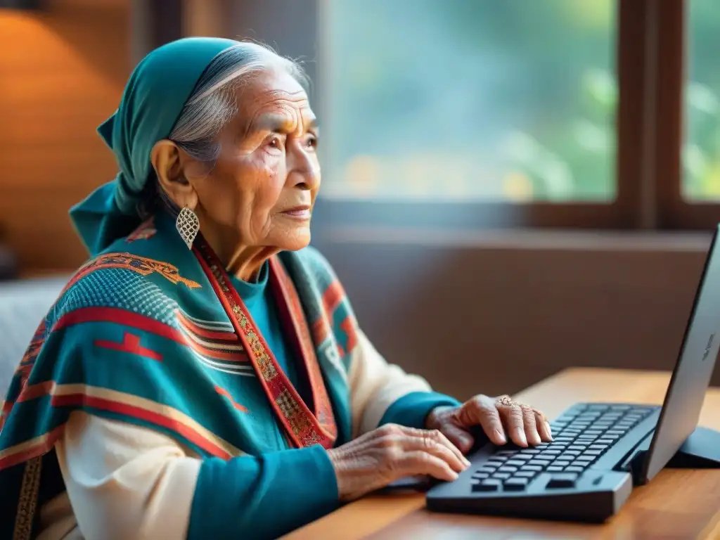 Anciana indígena preserva lenguas usando tecnología, concentrada en teclado con interfaz colorida