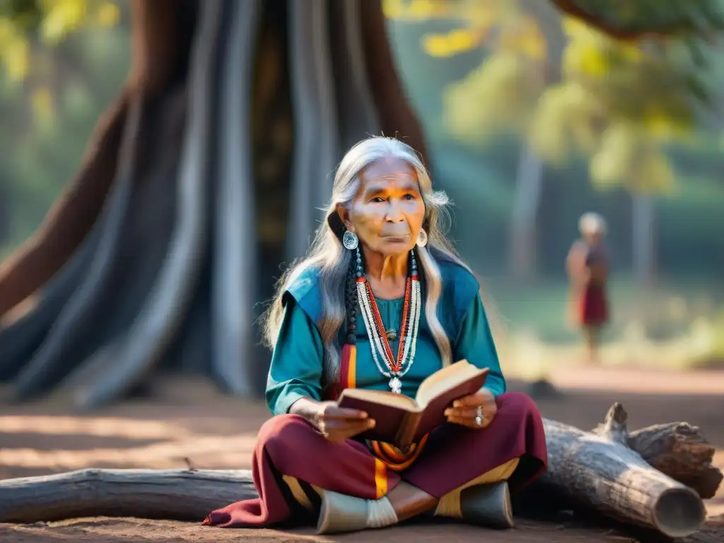 Anciana indígena con libro, rodeada de árboles ancestrales y oyentes atentos