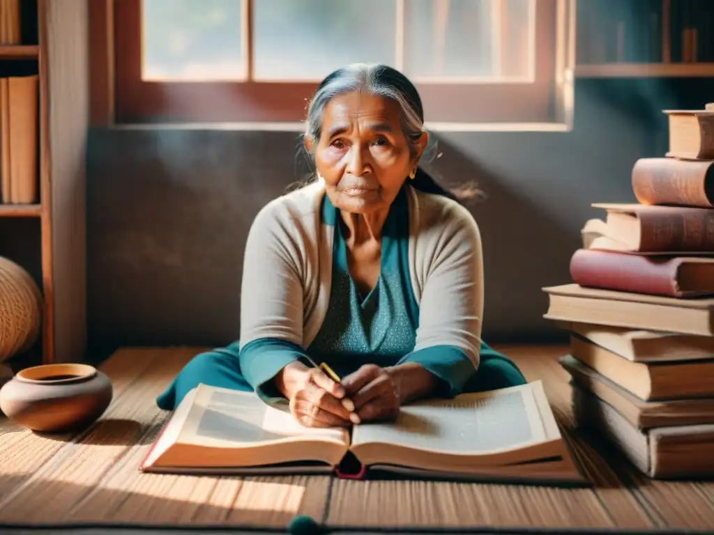 Una anciana indígena examina libros mientras la luz ilumina su atuendo tradicional