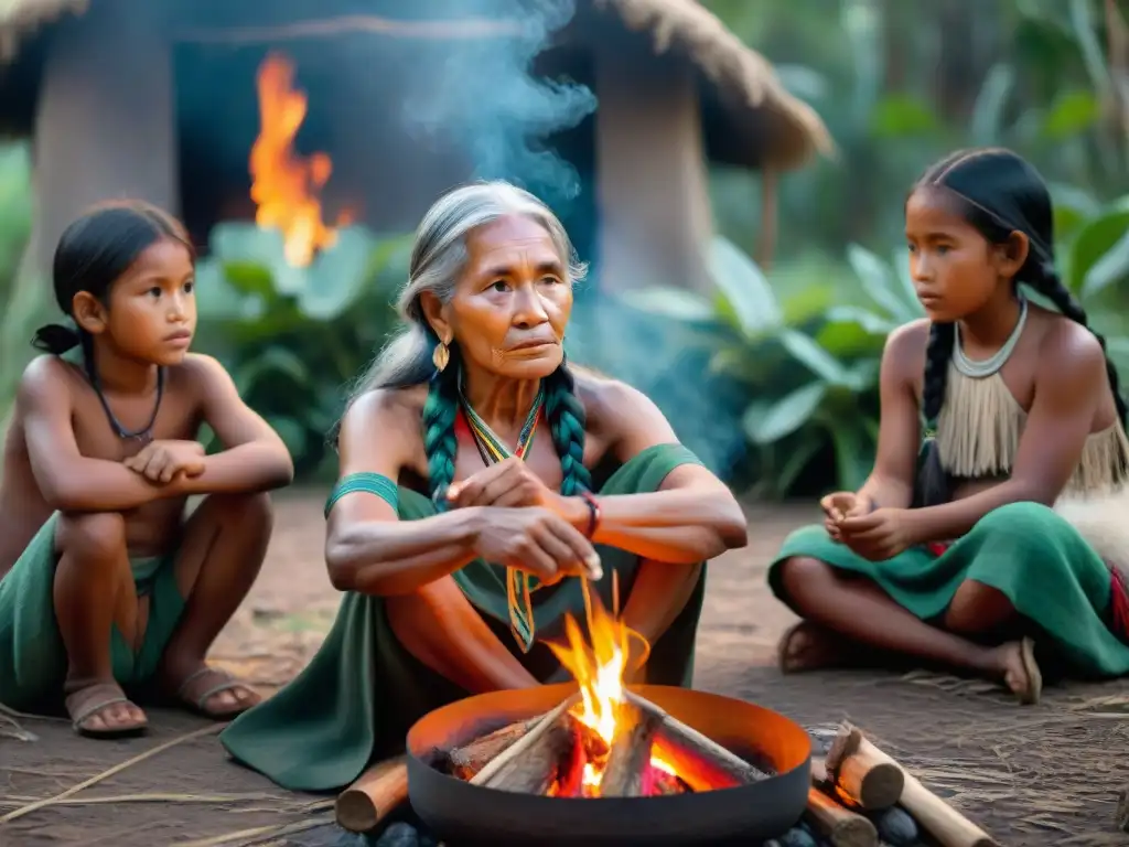 Una anciana indígena transmite sabiduría y magia a niños con atención, preservación de culturas indígenas