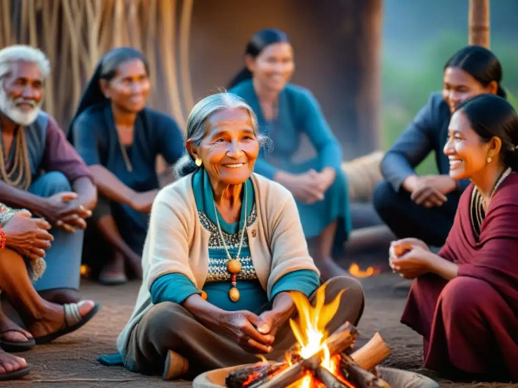 Una anciana indígena con manos curtidas y una sonrisa amable junto al fuego, rodeada de oyentes cautivados de diferentes edades